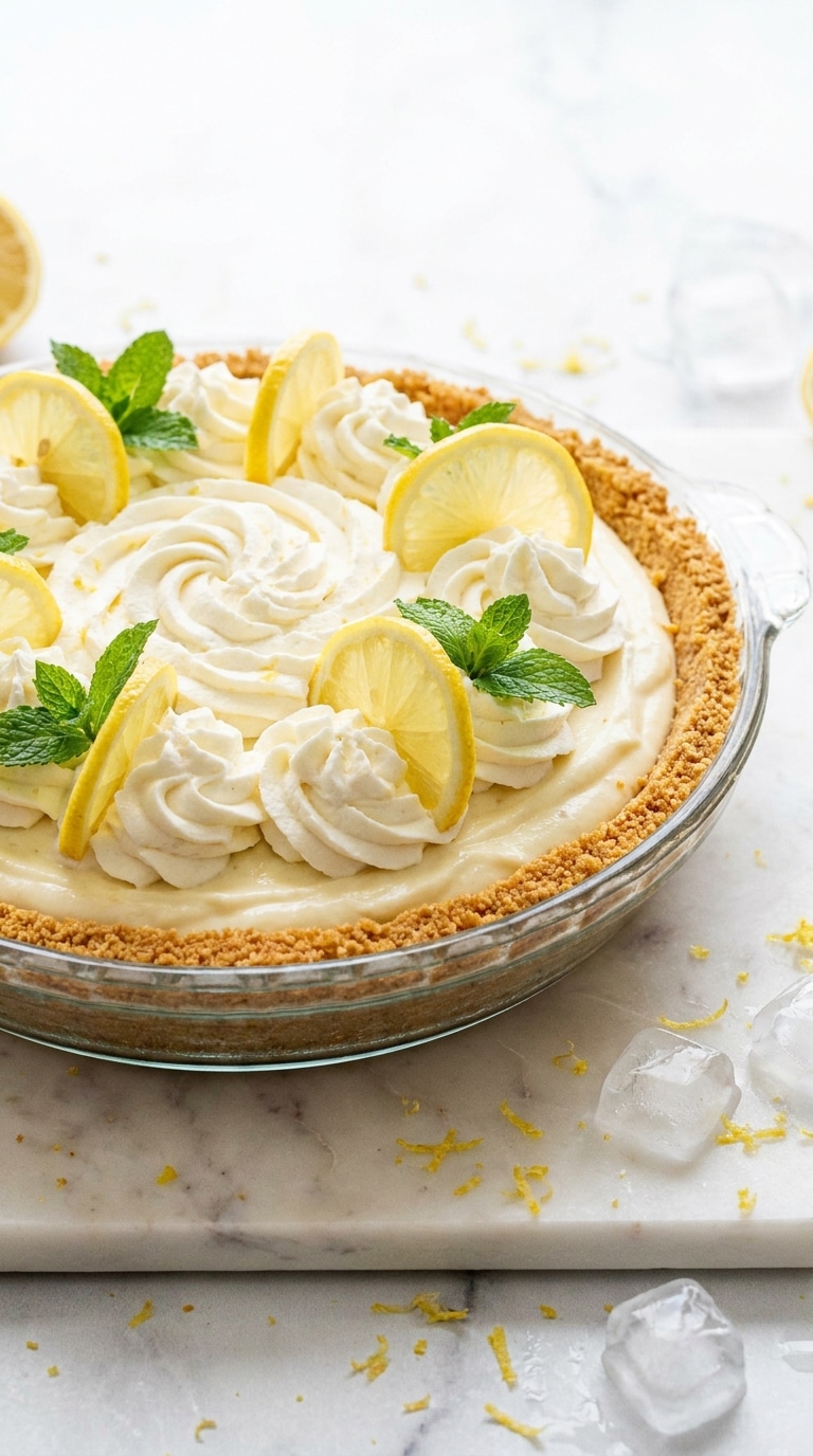 A frozen lemonade cream cheese pie with whipped cream swirls and lemon slices on a marble surface.
