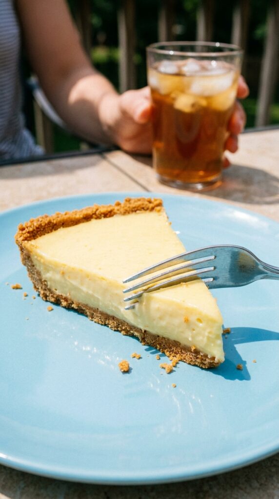 A close-up of a slice of frozen lemonade pie on a blue plate, showing the creamy filling and graham cracker crust.