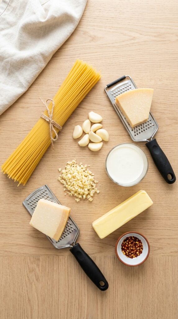 A neat arrangement of spaghetti, a pile of minced garlic, butter, cream, and parmesan cheese on a wooden table.