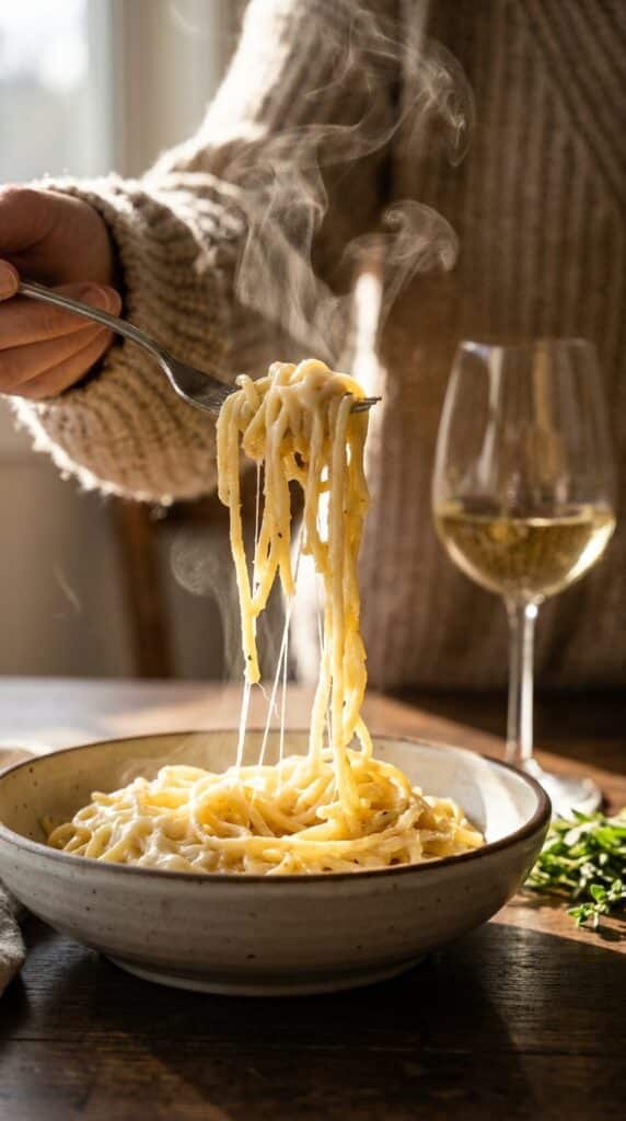 A vertical close-up of a fork lifting steaming, creamy garlic pasta with cheese stretching between the noodles.