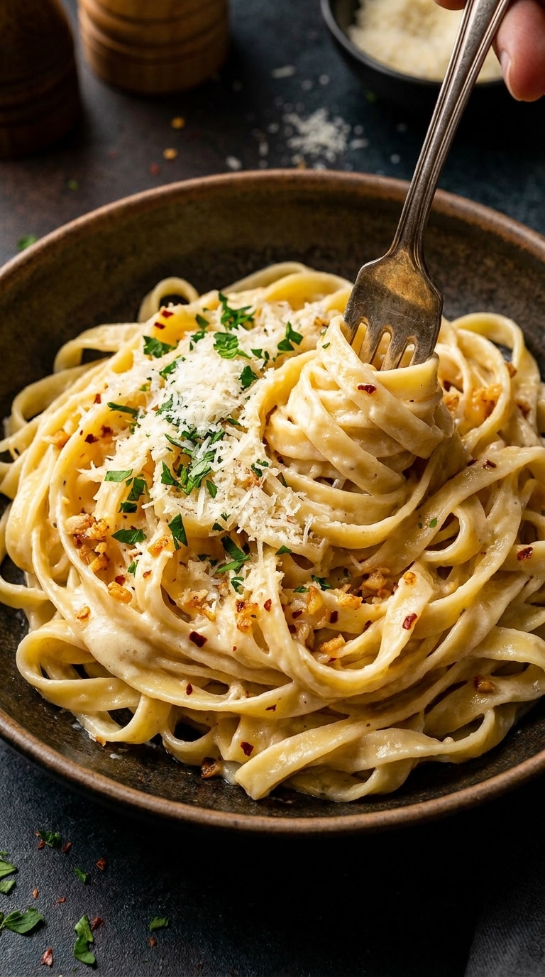 A close-up of creamy garlic noodles with melted parmesan, toasted garlic bits, and parsley in a dark bowl.