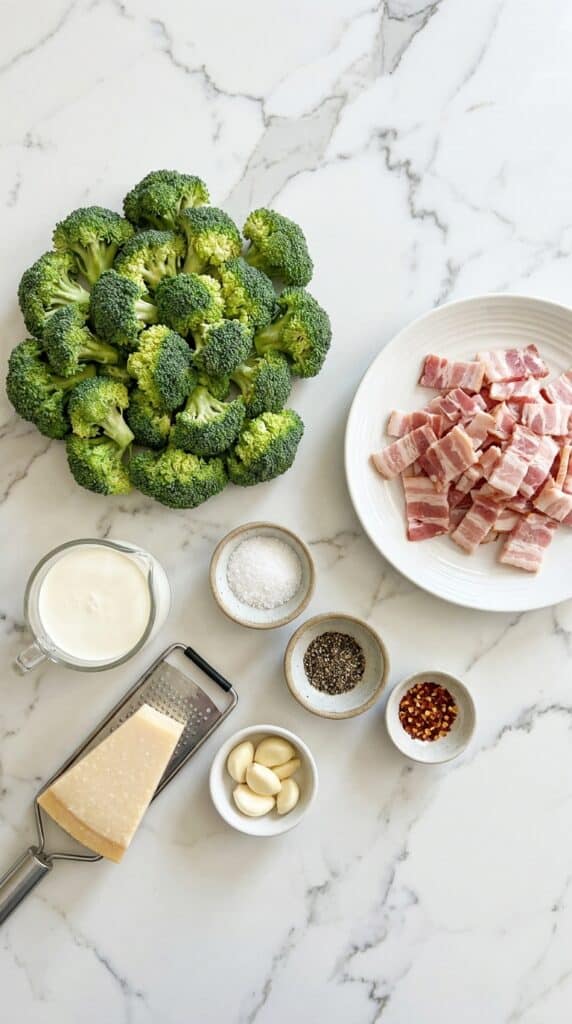A flat lay of fresh broccoli, chopped bacon, heavy cream, parmesan cheese, and garlic on a marble countertop.