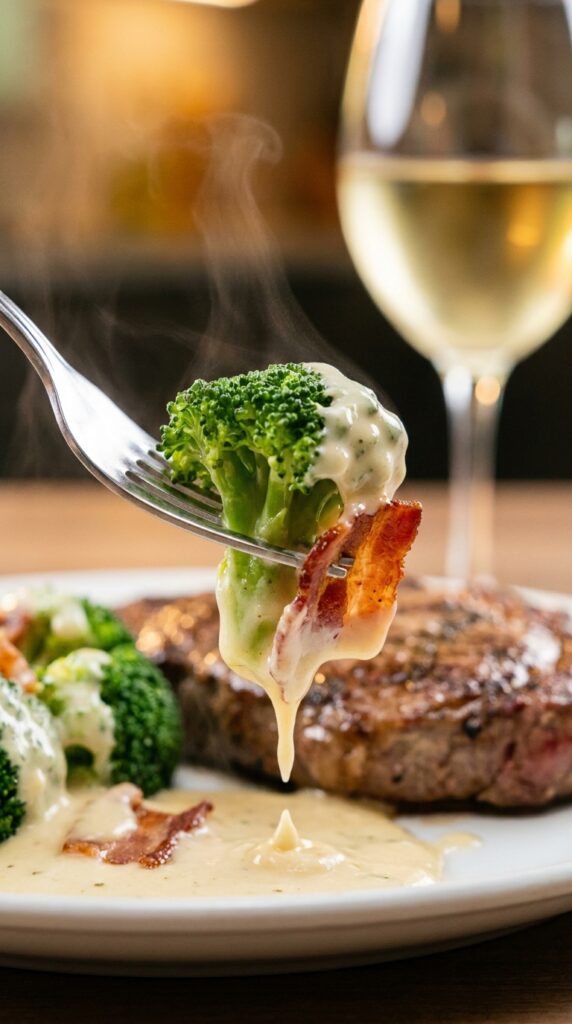 A close-up of a fork lifting a creamy garlic parmesan broccoli floret with a piece of bacon and rising steam.