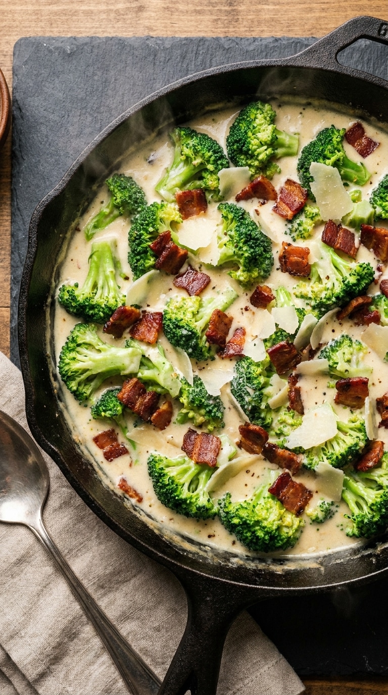 Vibrant green broccoli florets in a thick, white garlic parmesan sauce with crispy bacon bits in a cast-iron skillet.