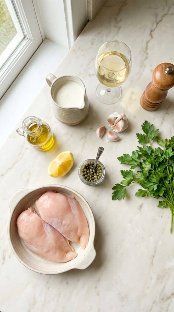 A flat lay of raw chicken, lemons, capers, heavy cream, white wine, and fresh parsley on a marble counter.