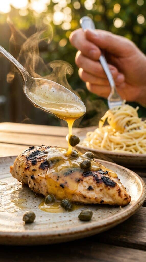 A close-up of creamy lemon sauce being spooned over grilled chicken medallions with steam rising.