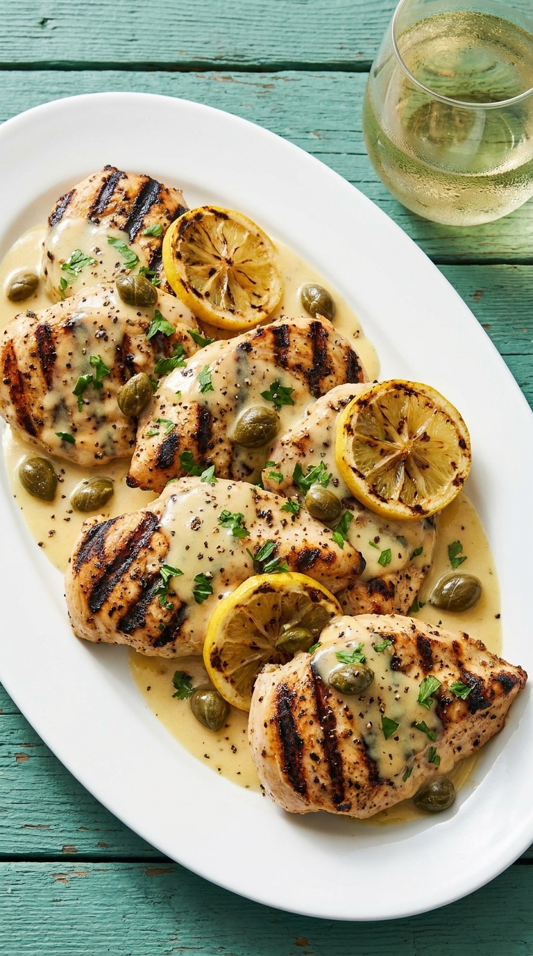 Sliced grilled chicken medallions covered in a creamy lemon caper sauce with charred lemon slices on a white platter.