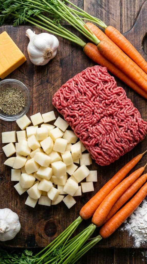 Fresh ingredients for hamburger soup including ground beef, diced potatoes, carrots, celery, and cheddar cheese on a wooden board.