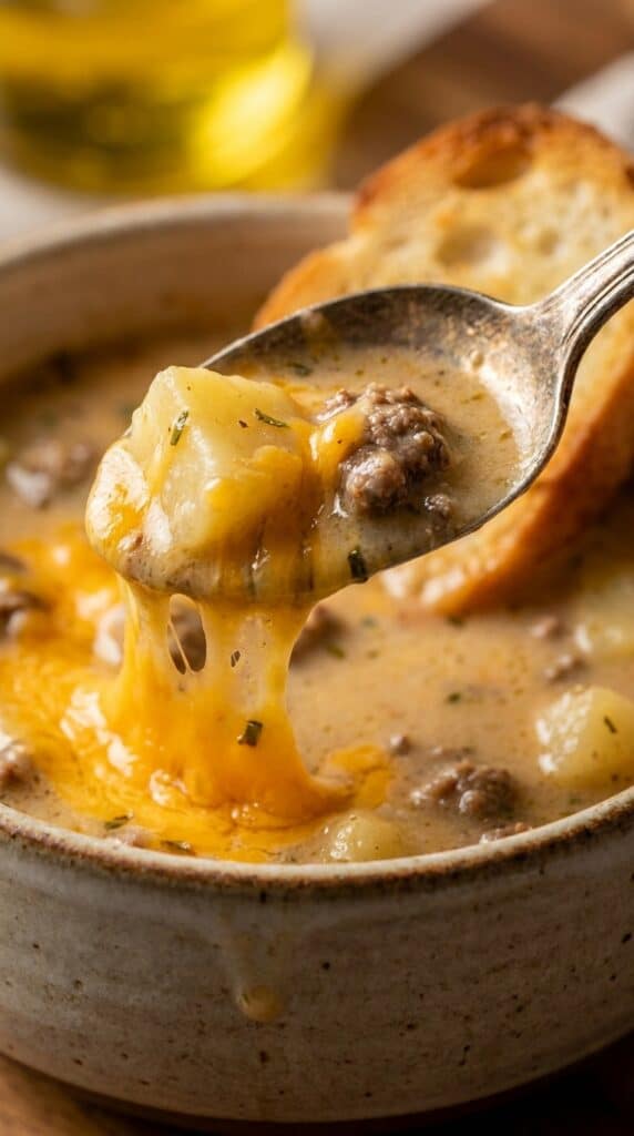 A spoon lifting a hearty bite of cheeseburger potato soup with a long string of melted cheese.