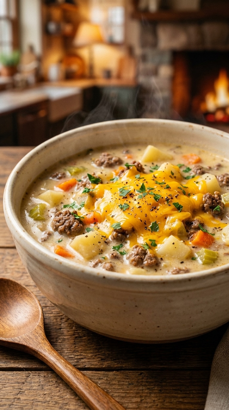 A close-up of thick, creamy potato soup with ground beef, melted cheddar cheese, and fresh parsley in a white bowl.