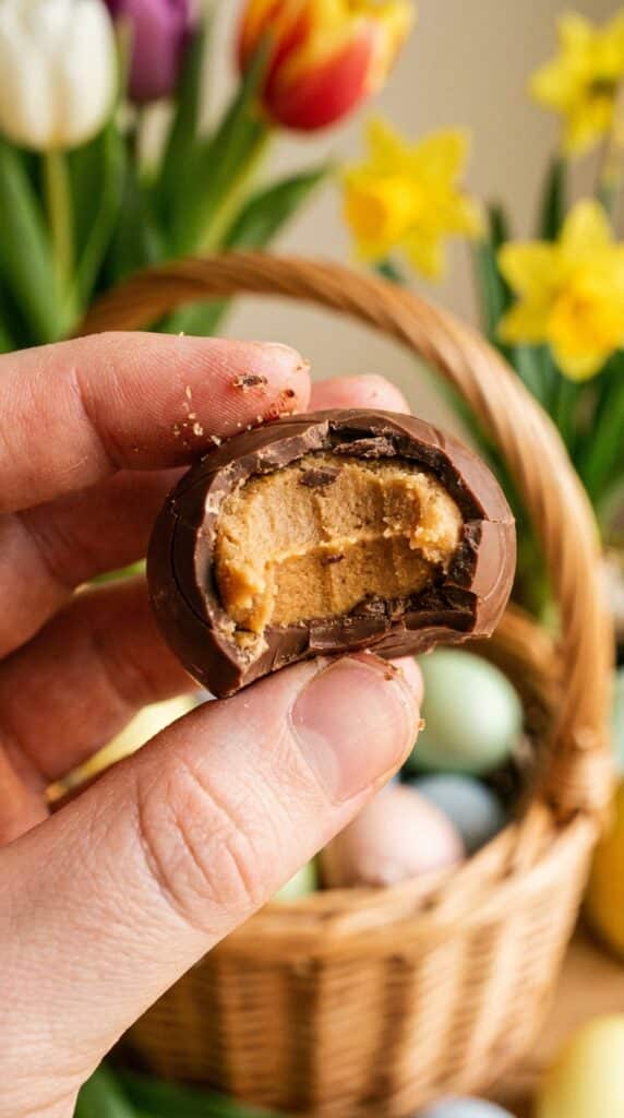 A close-up of a hand holding a homemade peanut butter egg with a bite taken out, showing the creamy center.