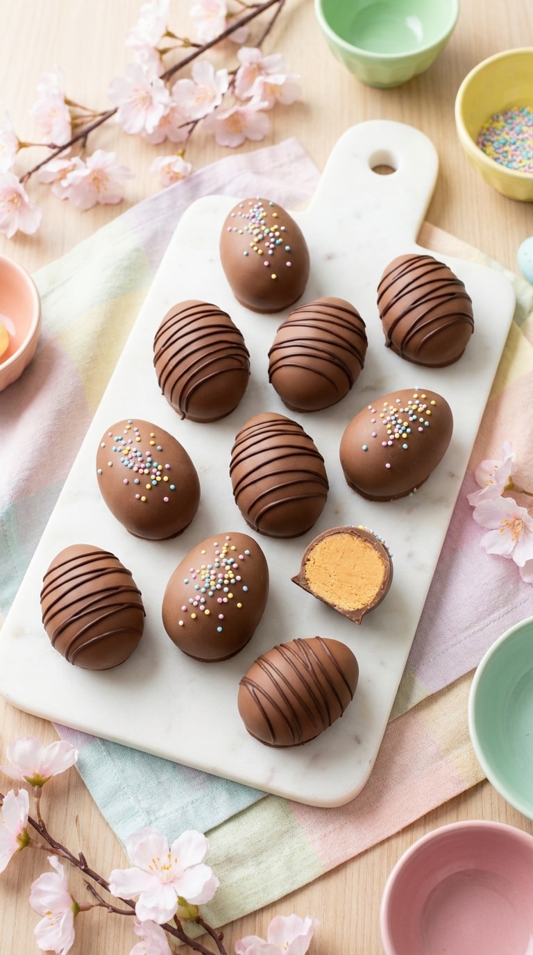 A platter of homemade milk chocolate-covered peanut butter eggs, one sliced open to show the creamy center.