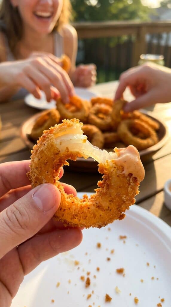 A close-up of a hand holding an onion ring with a bite taken out, showing the crispy crust and tender interior.