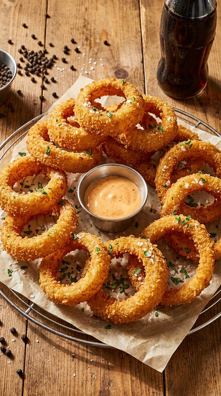 A tall stack of extra-crispy Panko-breaded onion rings served with a side of creamy dipping sauce.