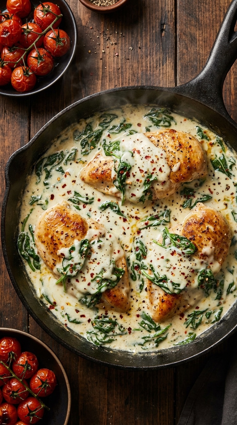 A cast-iron skillet featuring seared chicken breasts smothered in a creamy garlic spinach sauce with melted cheese.
