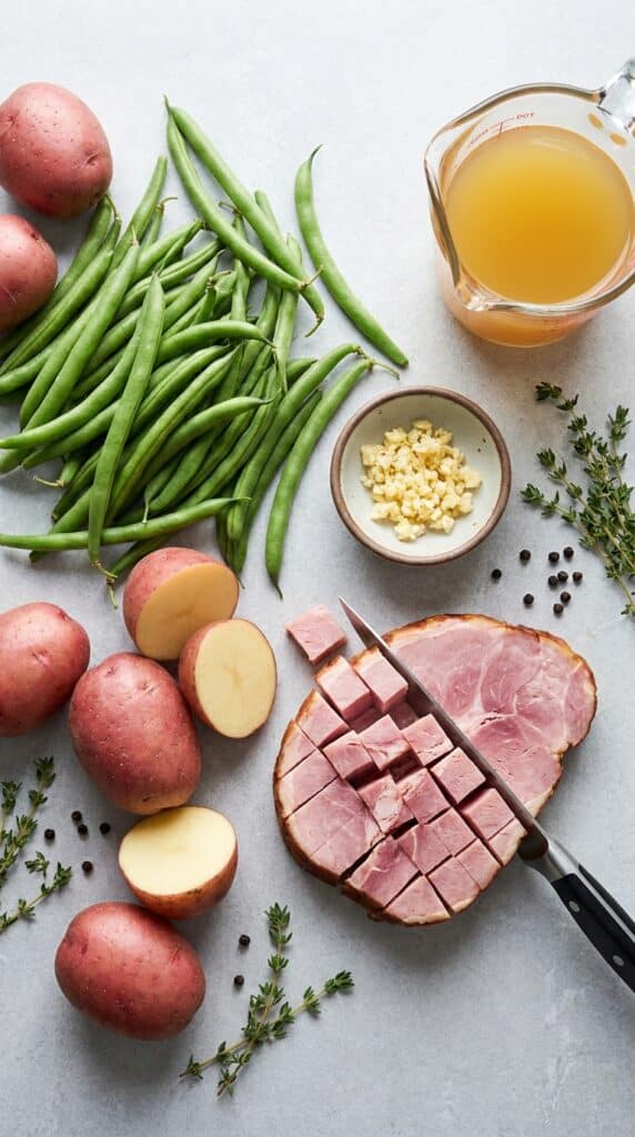 A flat lay of fresh green beans, red potatoes, cubed smoked ham, garlic, and chicken broth on a slate counter.