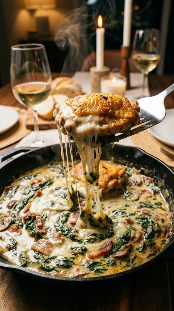 A close-up of a spatula lifting a piece of cheesy smothered chicken, showing a long cheese pull and creamy spinach sauce.