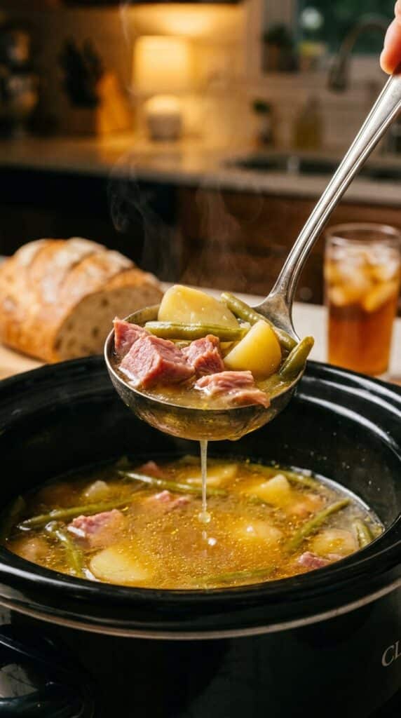 A close-up of a ladle scooping tender ham, potatoes, and green beans from a steaming slow cooker.