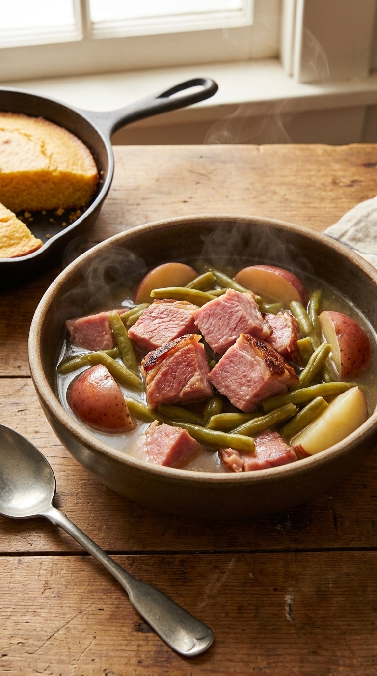 A rustic stoneware bowl filled with tender ham chunks, fresh green beans, and red potatoes in a light savory broth.