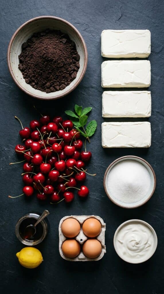 flat lay of cream cheese, fresh cherries, chocolate cookie crumbs, eggs, and sugar on a dark slate counter.