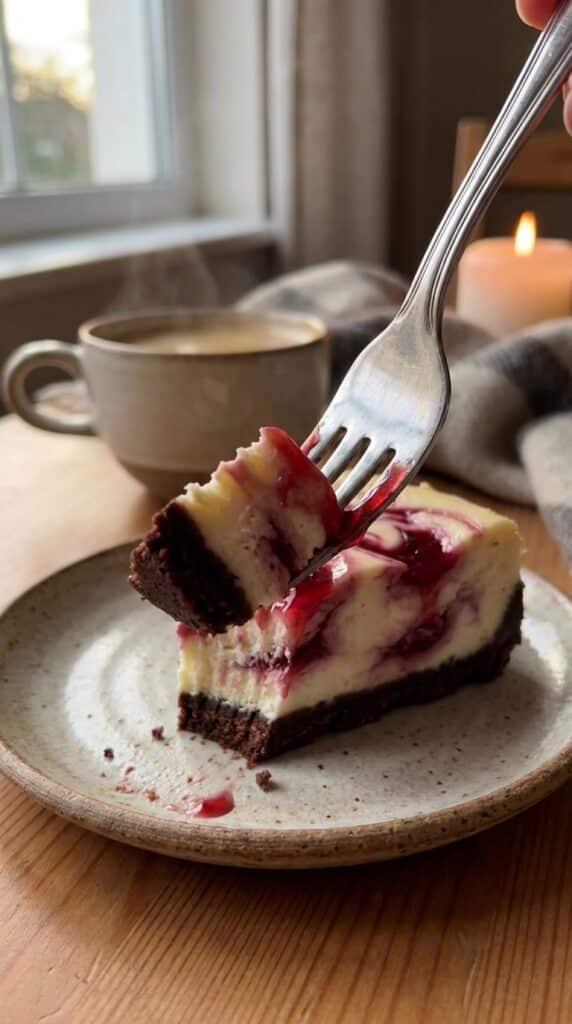 A close-up of a fork taking a bite of cherry ripple cheesecake, showing the chocolate crust and red cherry ribbons inside.