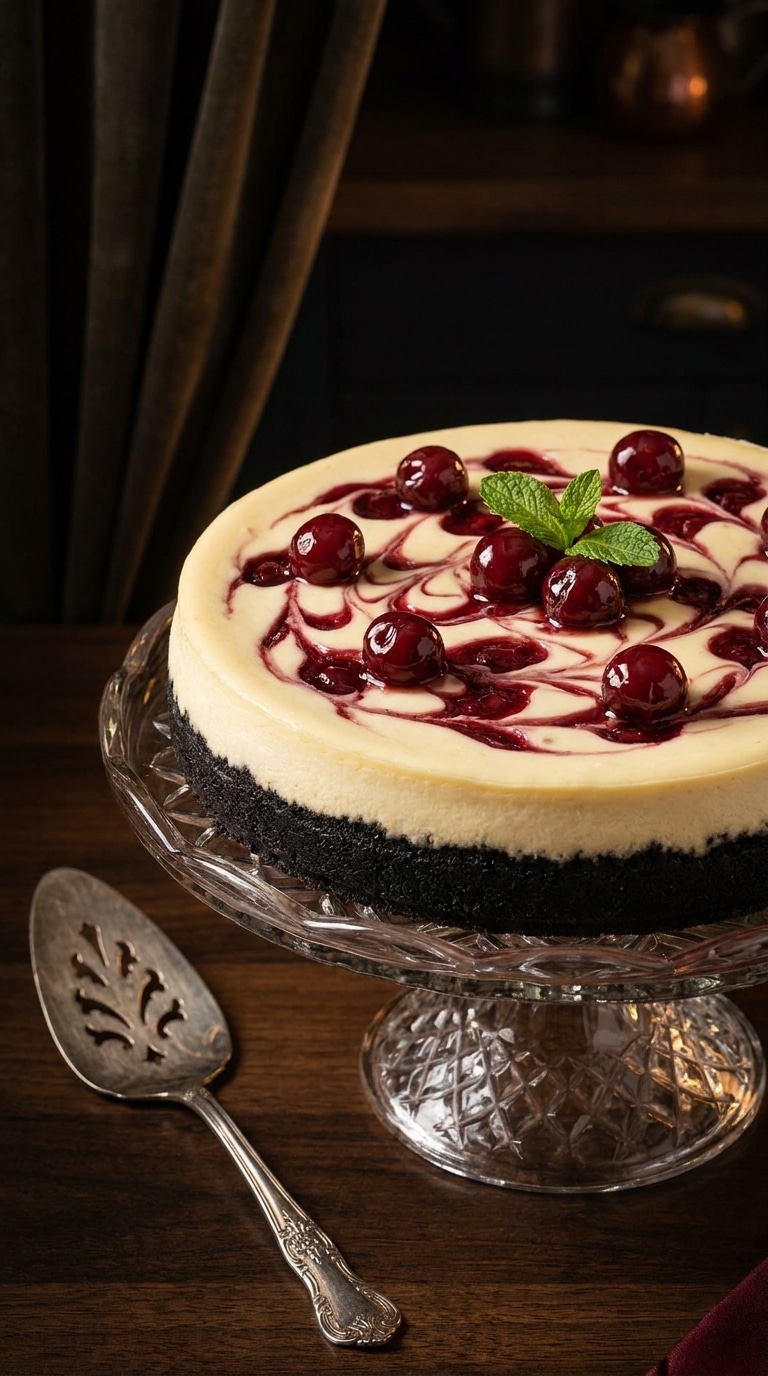 A whole cherry ripple cheesecake with a dark chocolate crust and an elegant red swirl on a glass stand.