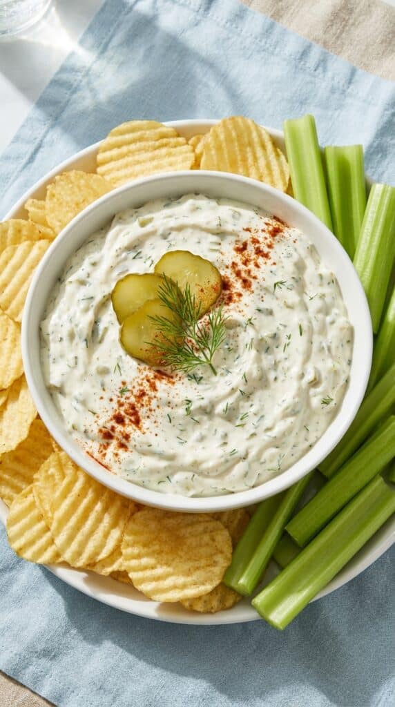 A bowl of creamy white dill pickle dip topped with pickle slices and fresh dill, surrounded by potato chips.