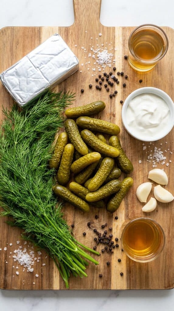 Fresh ingredients for pickle dip: whole pickles, fresh dill, cream cheese, and garlic on a wooden board.