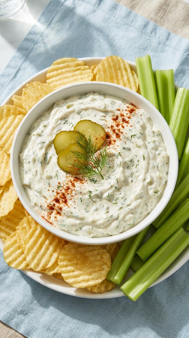 A bowl of creamy white dill pickle dip topped with pickle slices and fresh dill, surrounded by potato chips.