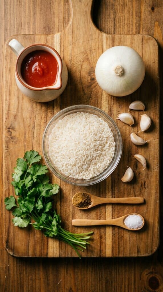 An organized flat lay of white rice, tomato sauce, onion, garlic, and spices on a wooden board.