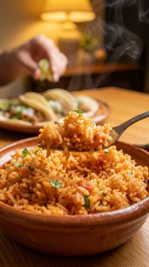 A close-up of a fork lifting fluffy orange rice, showing the steam and individual grains.