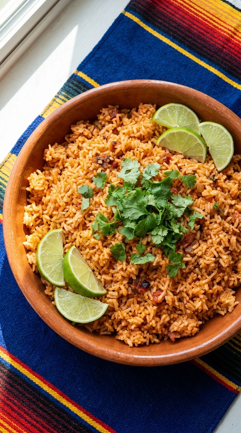 A bowl of fluffy, tomato-infused Mexican rice garnished with cilantro and lime wedges on a colorful textile.