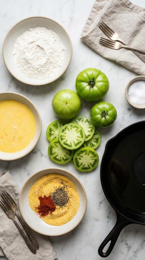 A top-down view of firm green tomatoes, sliced tomatoes, and bowls of flour, egg wash, and cornmeal prepared for breading.