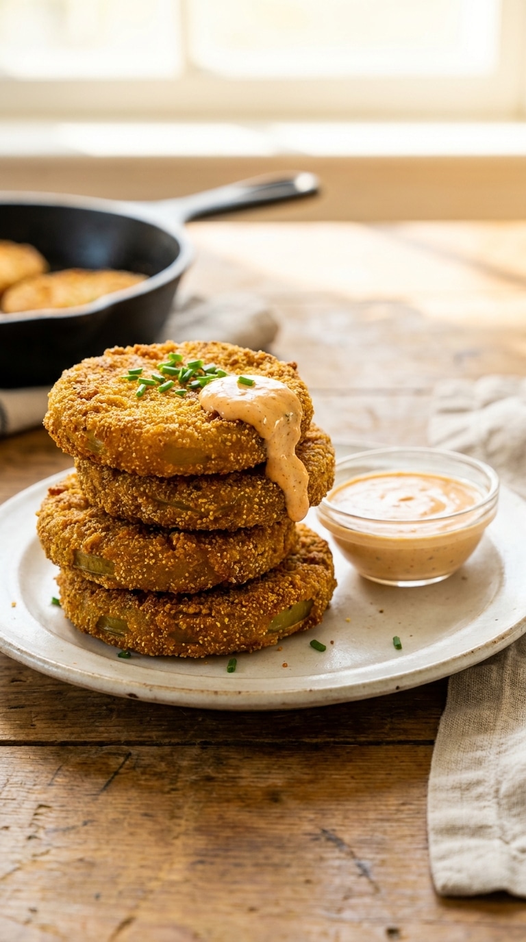 A stack of crispy, golden-brown fried green tomatoes on a white plate with a side of creamy remoulade sauce.