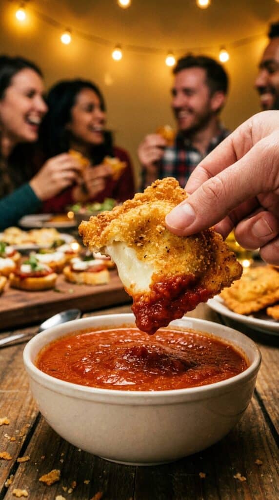 A close-up of a crispy fried ravioli being dipped into marinara sauce, showing a bite taken out and a cheesy center.
