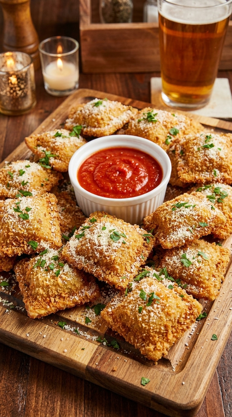 A pile of crispy, golden-brown fried ravioli dusted with parmesan cheese next to a bowl of marinara sauce.