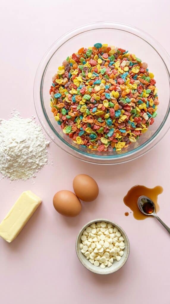 An organized flat lay of rainbow cereal, flour, butter, white chocolate chips, and eggs on a pink background.
