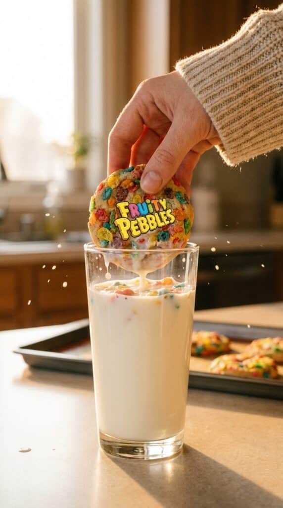 A close-up of a colorful rainbow cereal cookie being dunked into a glass of milk with a small splash.