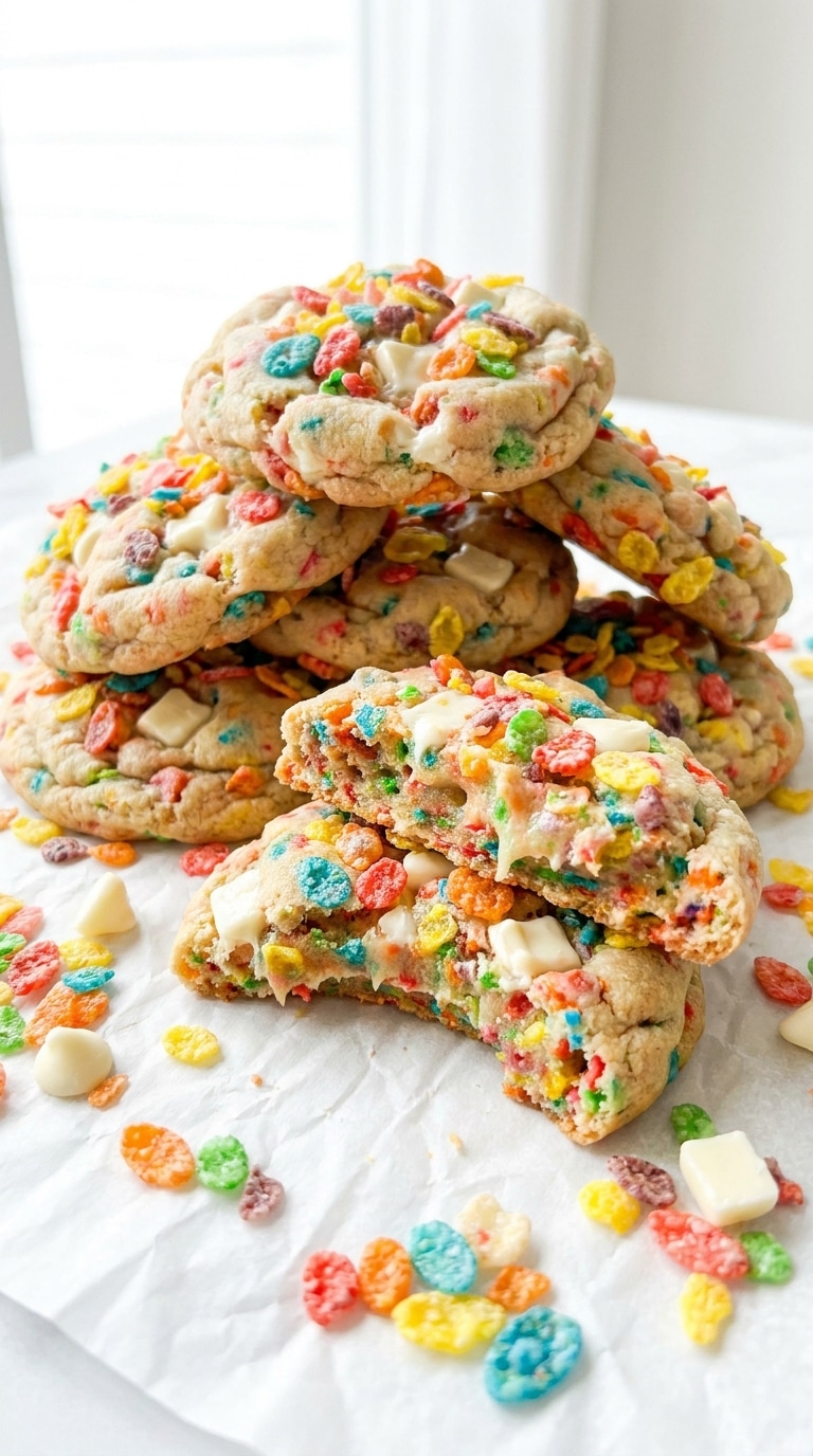 A stack of thick, chewy cookies filled with rainbow cereal and white chocolate chips on parchment paper.