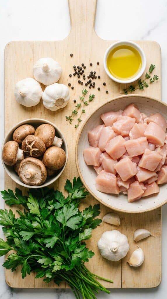 Raw diced chicken, brown mushrooms, garlic bulbs, and fresh parsley arranged on a light wooden cutting board.