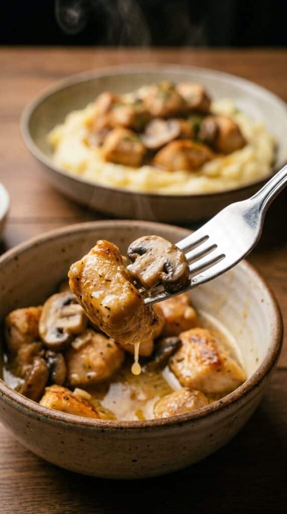 A fork lifting a piece of garlic chicken and a mushroom from a bowl, with mashed potatoes in the background.