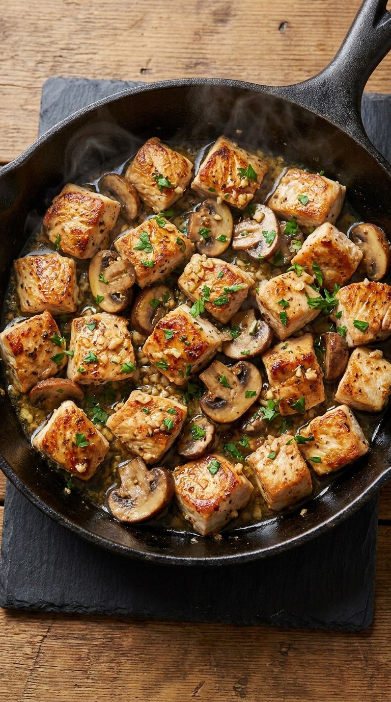 A cast-iron skillet filled with seared chicken chunks and mushrooms in a glossy garlic butter sauce, topped with parsley.