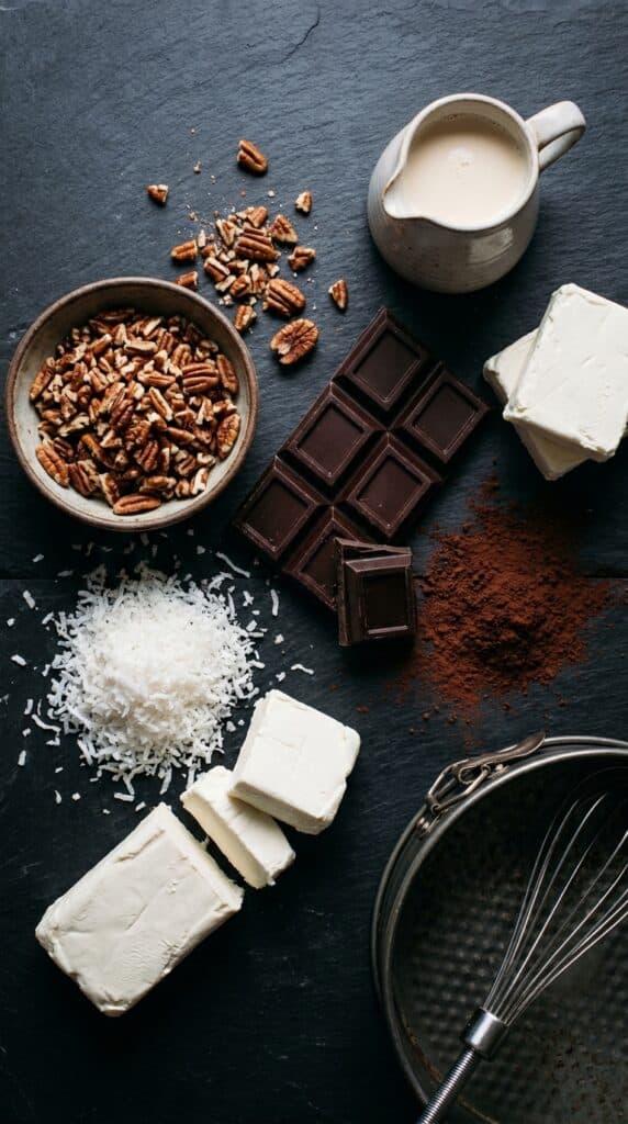 Flat lay of coffee, milk, caramel sauce, sugar, and ice cubes on a white counter.