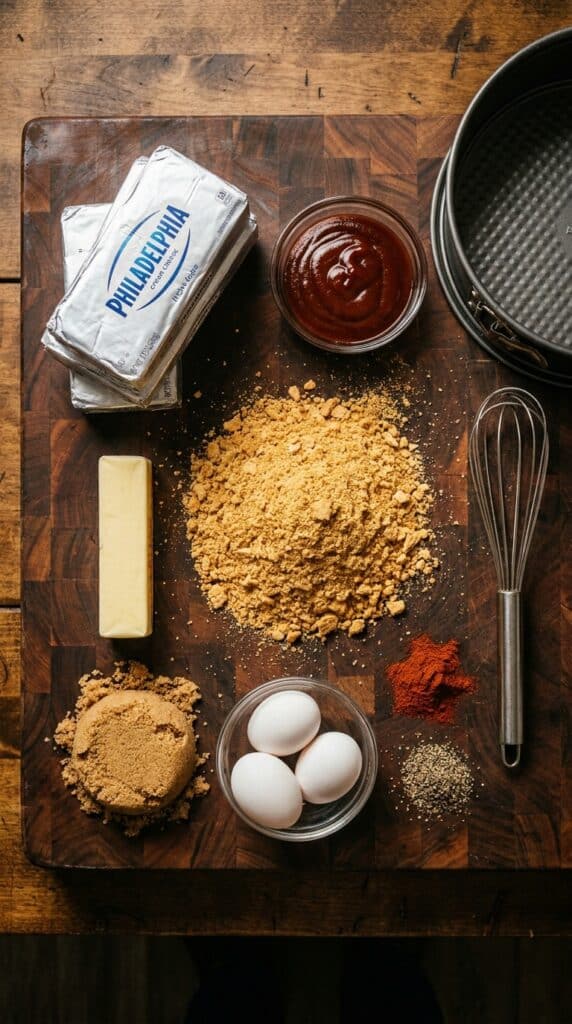 A flat lay of cream cheese, BBQ sauce, crushed crackers, eggs, and spices on a wooden cutting board.
