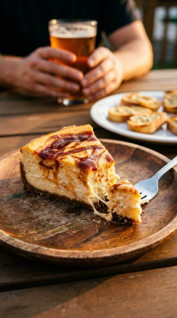 A close-up of a slice of BBQ cheesecake being eaten with a fork, with crostini and a beer in the background.