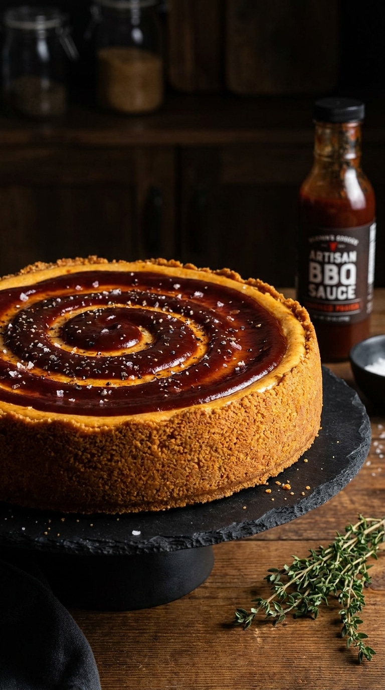 A savory cheesecake with a glossy red BBQ sauce swirl and a cracker crust on a black slate stand.