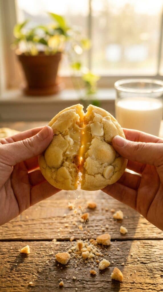 close-up of a soft banana pudding cookie being broken open, revealing a chewy, moist interior with melted white chocolate chips.