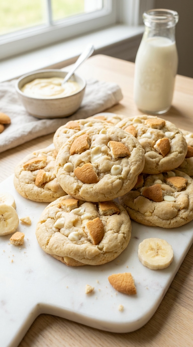 A stack of thick banana pudding cookies featuring white chocolate chips and crushed vanilla wafers on a white marble platter.