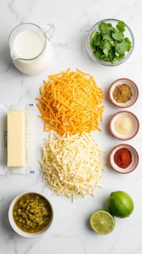 A flat lay of shredded cheddar and Monterey Jack cheese, milk, butter, green chilies, and spices on a marble counter.