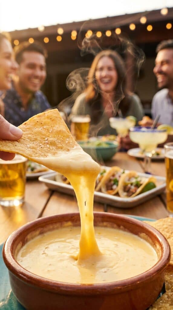 A close-up of a tortilla chip dipping into smooth, warm queso with a thick cheese ribbon stretching from the bowl.